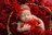 dziewczynka w czerwonym stroju na sesji niemowlęcej